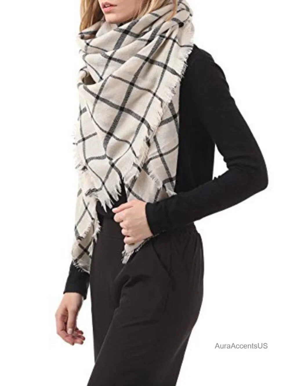 Oversized Plaid Tassel Scarf Wrap - Soft Polyester Faux Fur Blanket Scarf